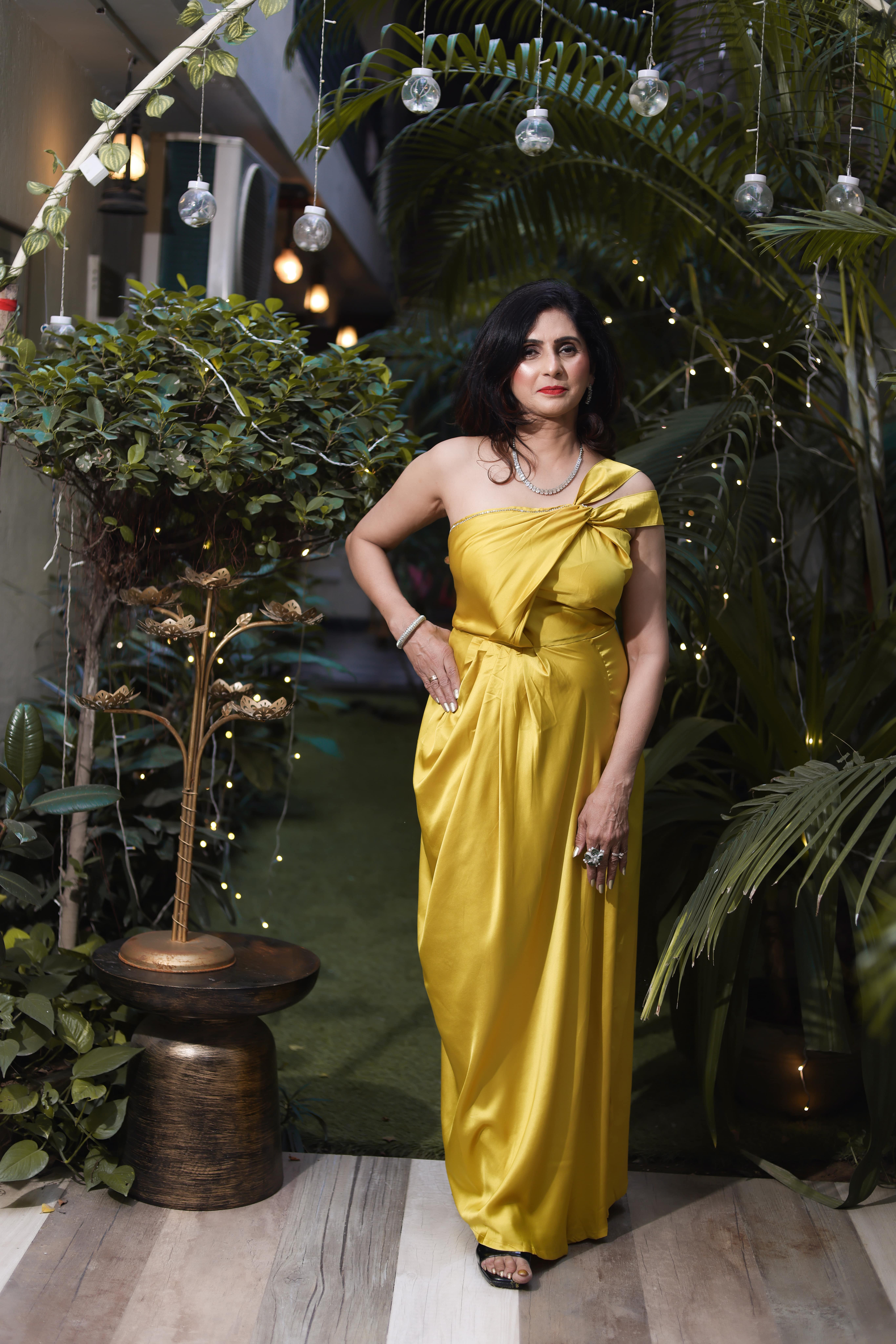 Golden One-Shoulder Draped Satin Gown with Statement Bow Detail
