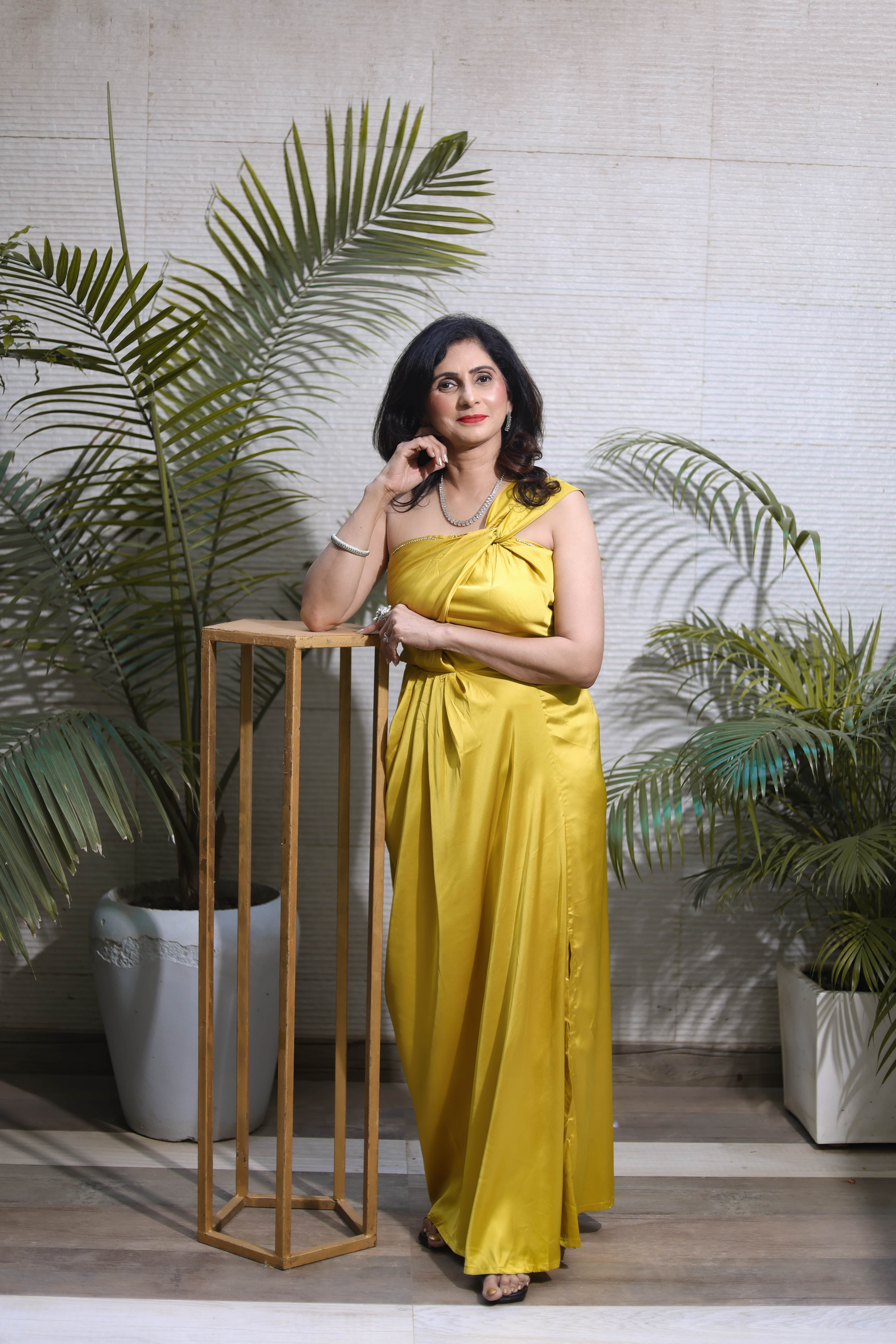 Golden One-Shoulder Draped Satin Gown with Statement Bow Detail - Image 5