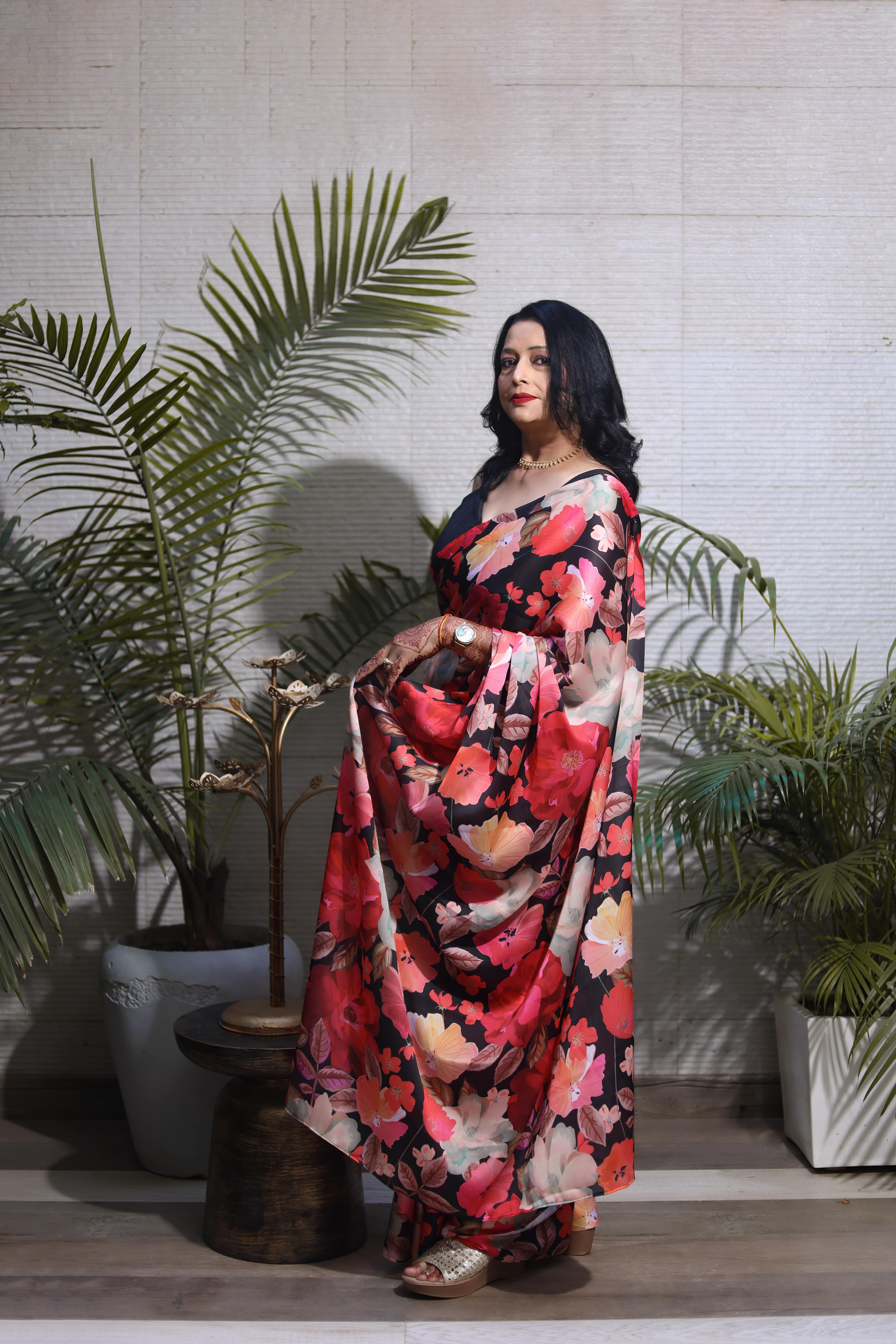 Elegant Black Floral Print Satin Saree with Multicolor Bloom Motifs and Matching Blouse - Image 3