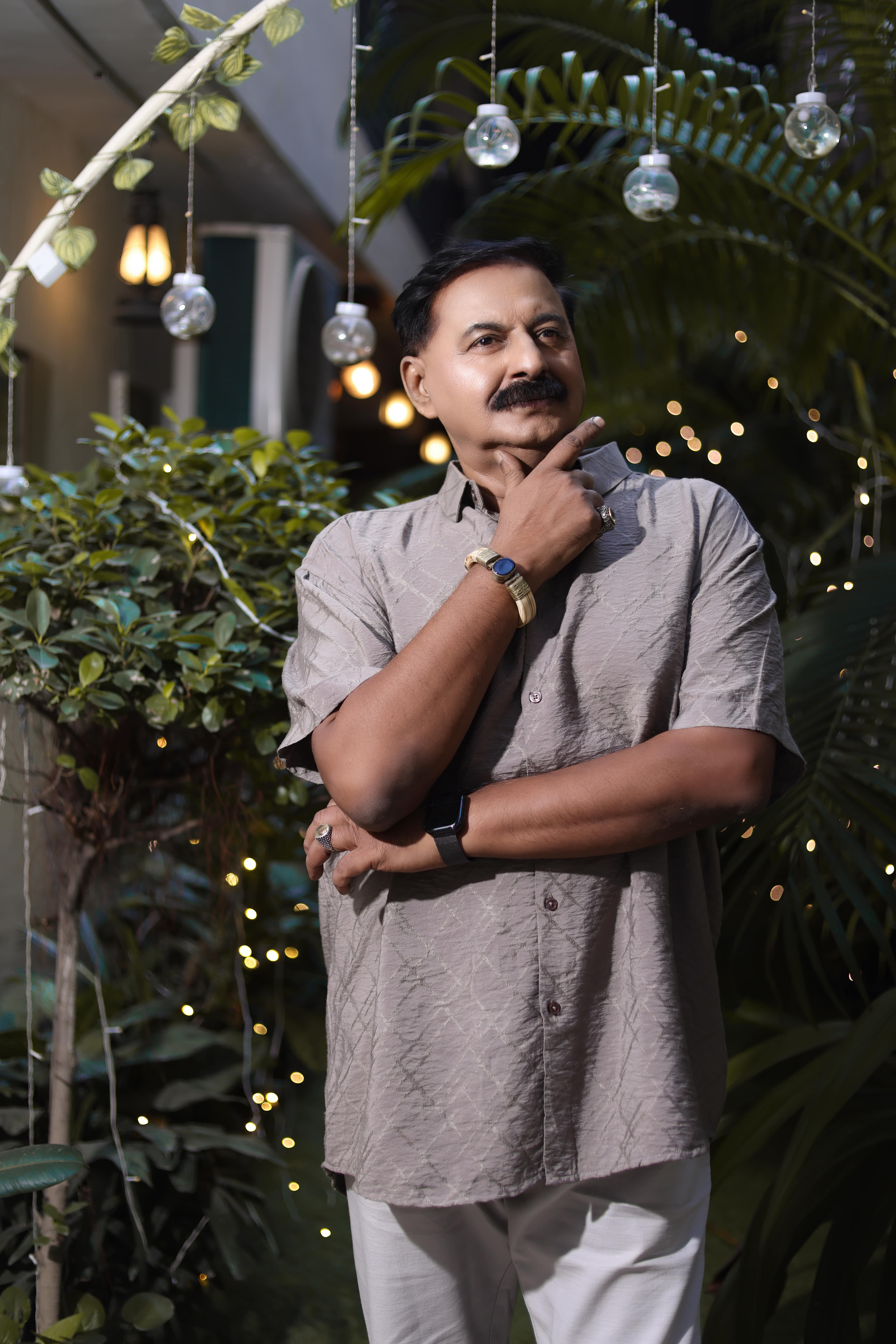 Textured Taupe Half-Sleeve Button-Down Shirt with Subtle Geometric Pattern Paired with Classic White Straight-Fit Trousers - Image 4