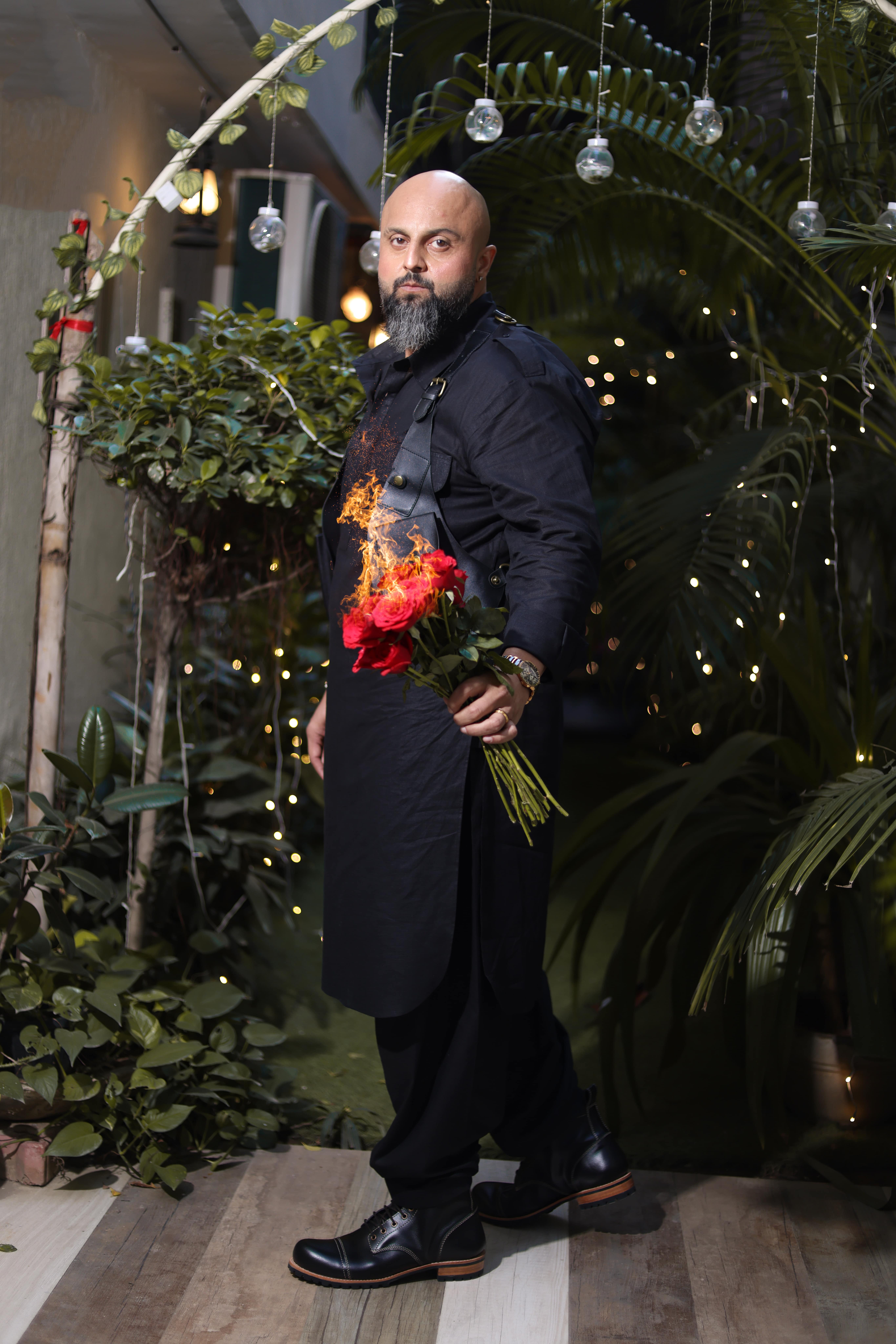 Contemporary All-Black Cotton Kurta Set with Draped Salwar and Utility-Inspired Leather Harness Vest - Image 4